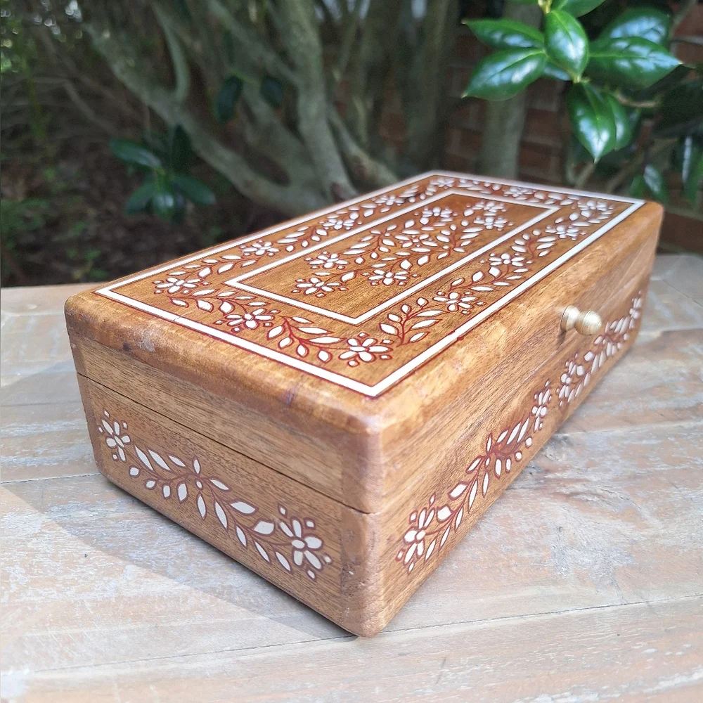 Wooden Box with Hinged Lid Jewelry  Trinket Box Rectangle Table Top Gold Handle